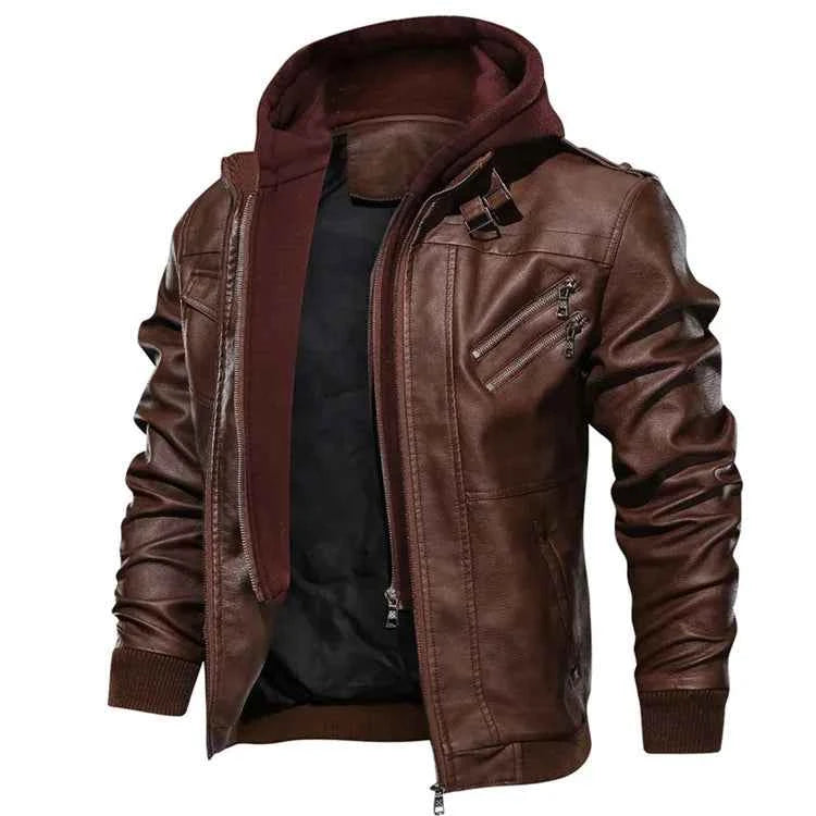 Men's Moto Leather Jacket with Detachable Hood