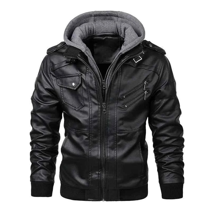 Men's Moto Leather Jacket with Detachable Hood Black