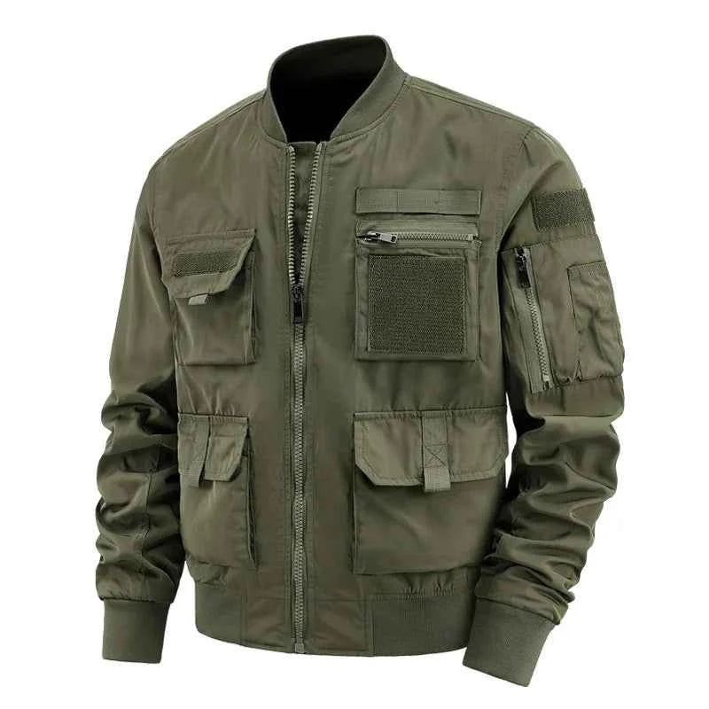 Men's Multi-Pocket Velcro Bomber Jacket - Regular Fit Army Green