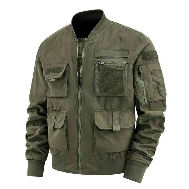 Men's Multi-Pocket Velcro Bomber Jacket - Regular Fit Army Green