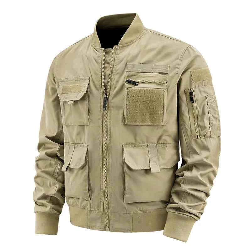 Men's Multi-Pocket Velcro Bomber Jacket - Regular Fit Khaki