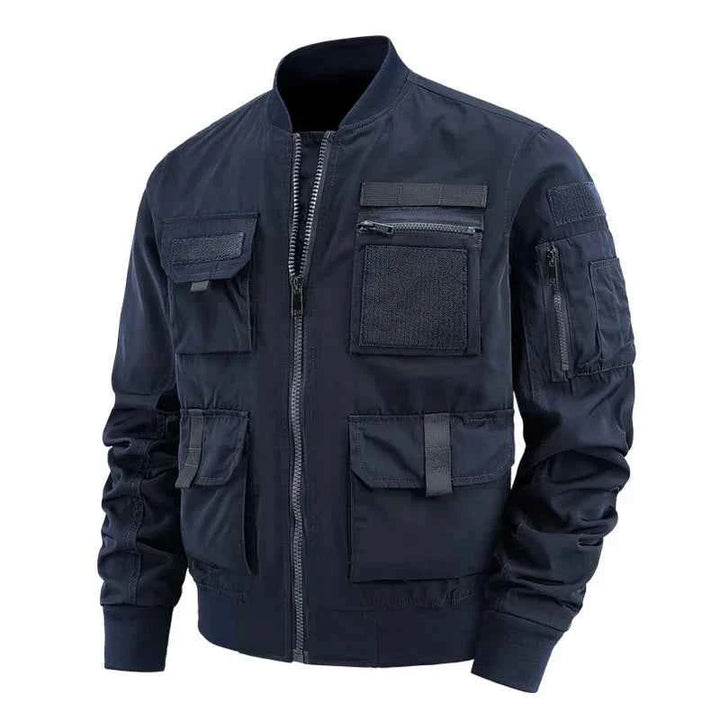Men's Multi-Pocket Velcro Bomber Jacket - Regular Fit Dark Blue