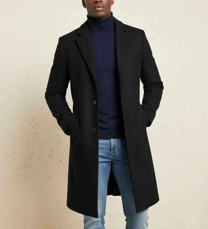 Men's Notch Lapel Long Single-Breasted Overcoat Black