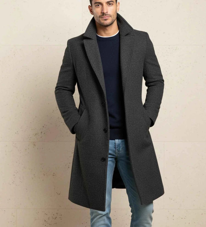 Men's Notch Lapel Long Single-Breasted Overcoat Grey