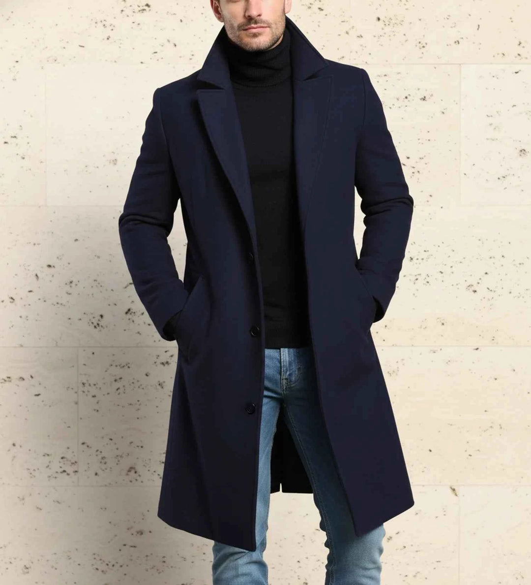 Men's Notch Lapel Long Single-Breasted Overcoat Blue