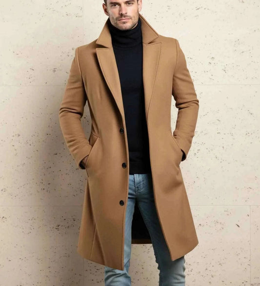 Men's Single Breasted Notch Lapel Button Front Brown Winter Coat Brown