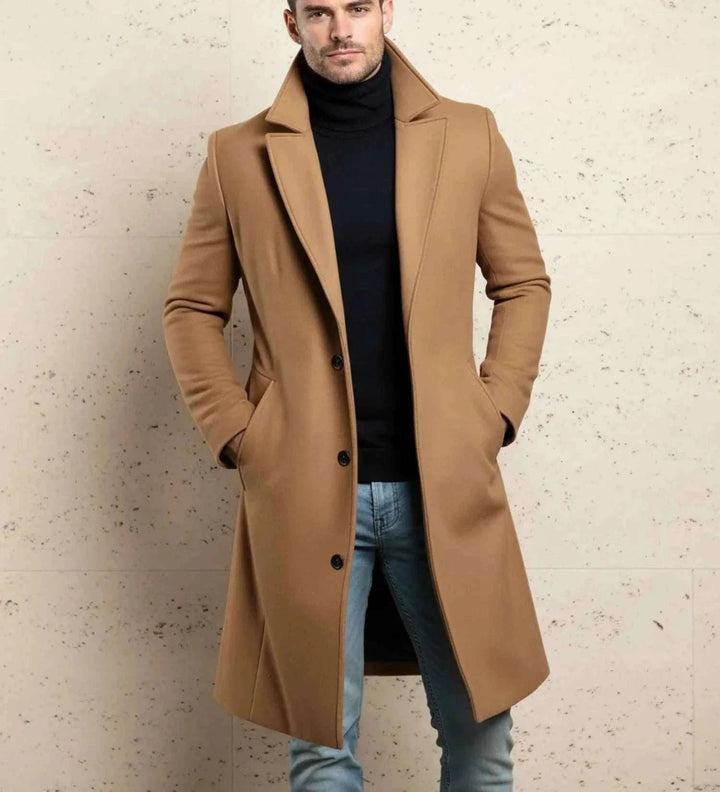 Men's Notch Lapel Long Single-Breasted Overcoat Brown