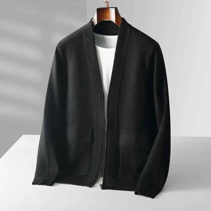 Men's Open Front Cardigan – Casual Fit – Textured Knit – Long Sleeves Black