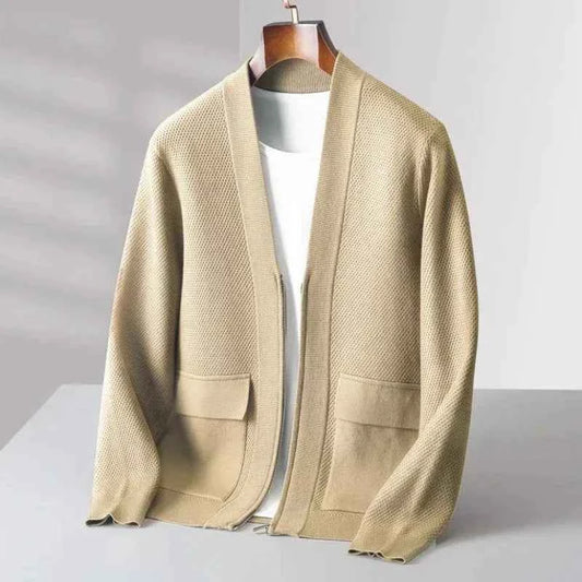 Men's Wool Blend Textured Knit Long Sleeve Cardigan Winter Beige
