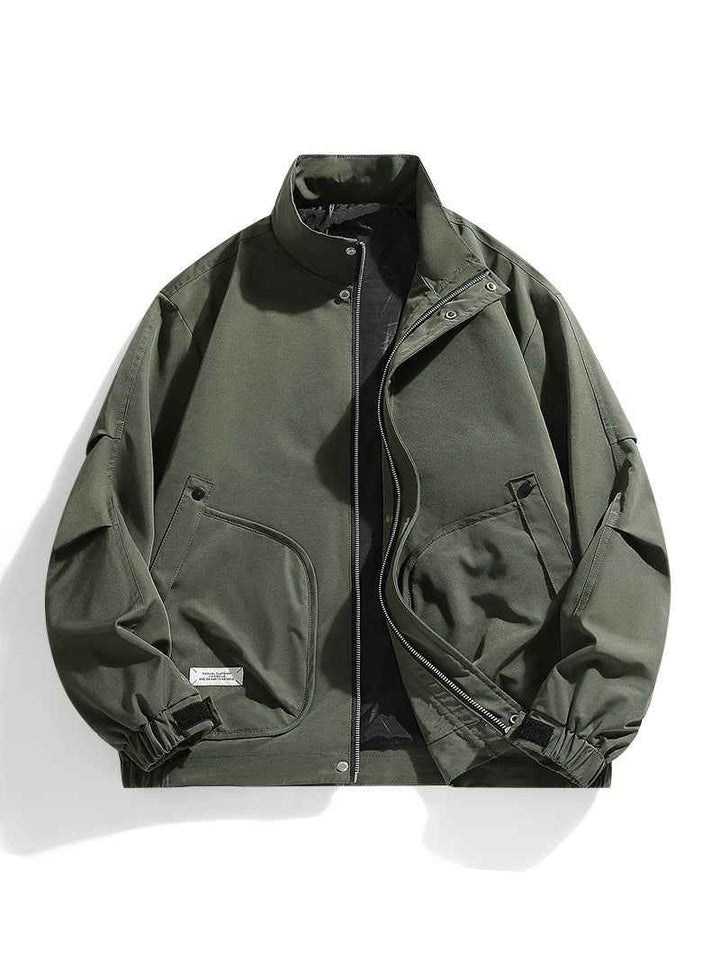 Men's Oversized Bomber Jacket - Stand-Up Collar, Multiple Pockets, Adjustable Cuffs Green