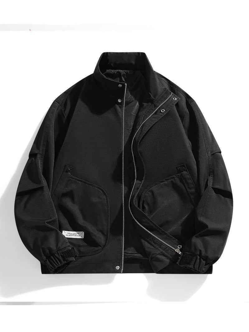 Men's Oversized Bomber Jacket - Stand-Up Collar, Multiple Pockets, Adjustable Cuffs Black