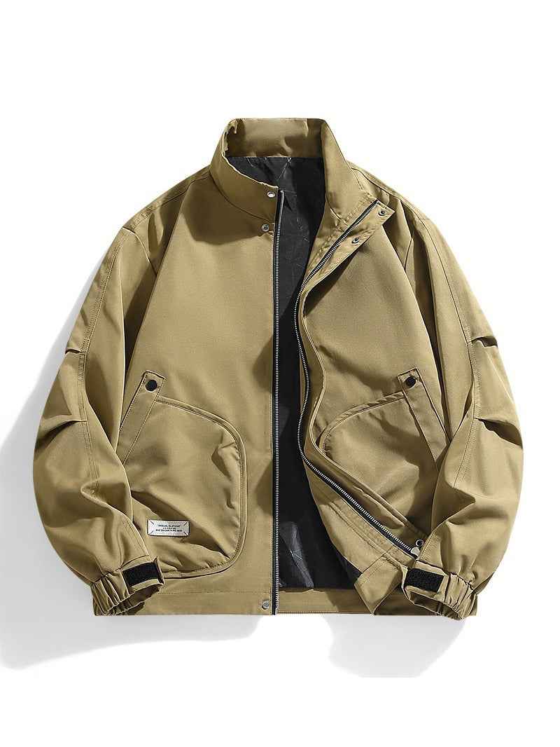 Men's Oversized Bomber Jacket - Stand-Up Collar, Multiple Pockets, Adjustable Cuffs Khaki