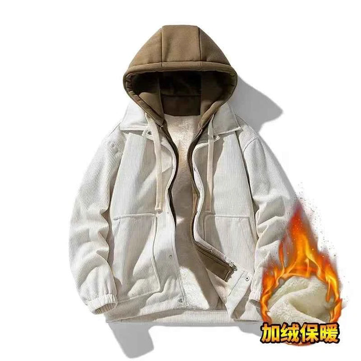 Men's Oversized Corduroy Hoodie Jacket – Textured Winter Streetwear White winter Plush