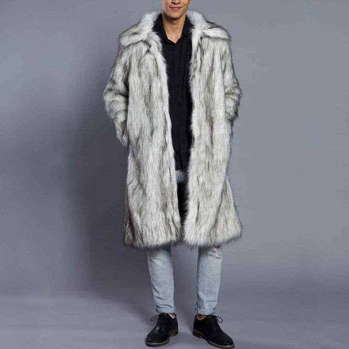 Men's Oversized Full Length Faux Fur Coat – Luxury Open Front Design White