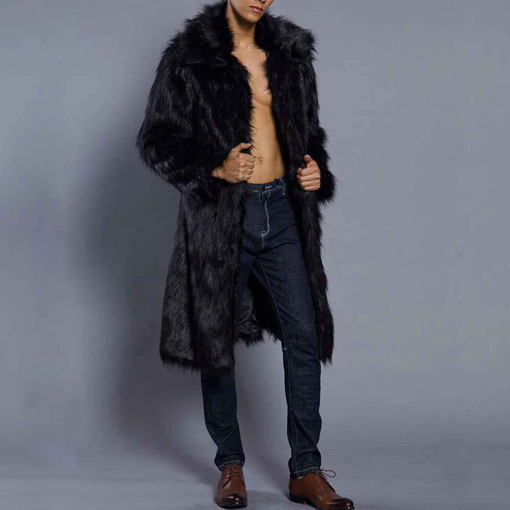 Men's Oversized Full Length Faux Fur Coat – Luxury Open Front Design Black