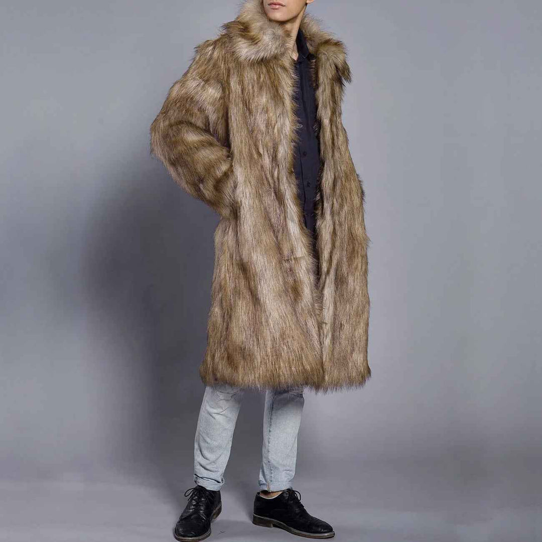 Men's Oversized Full Length Faux Fur Coat – Luxury Open Front Design