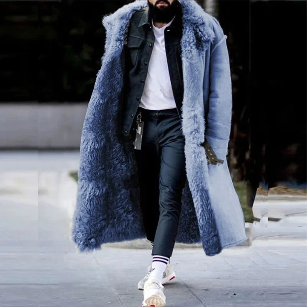 Men's Oversized Long Coat – Wool Blend – Hooded – Plush Lining – Toggle Closure Blue