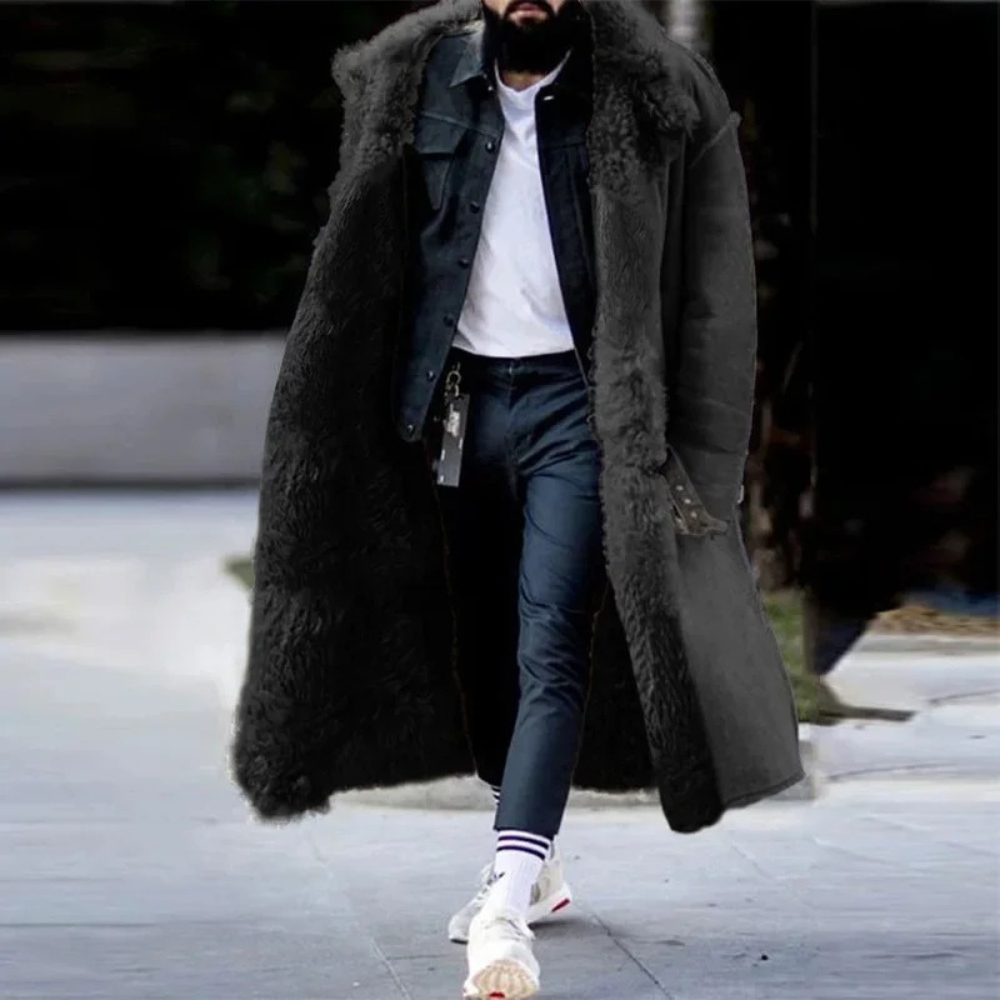 Men's Oversized Long Coat – Wool Blend – Hooded – Plush Lining – Toggle Closure Black