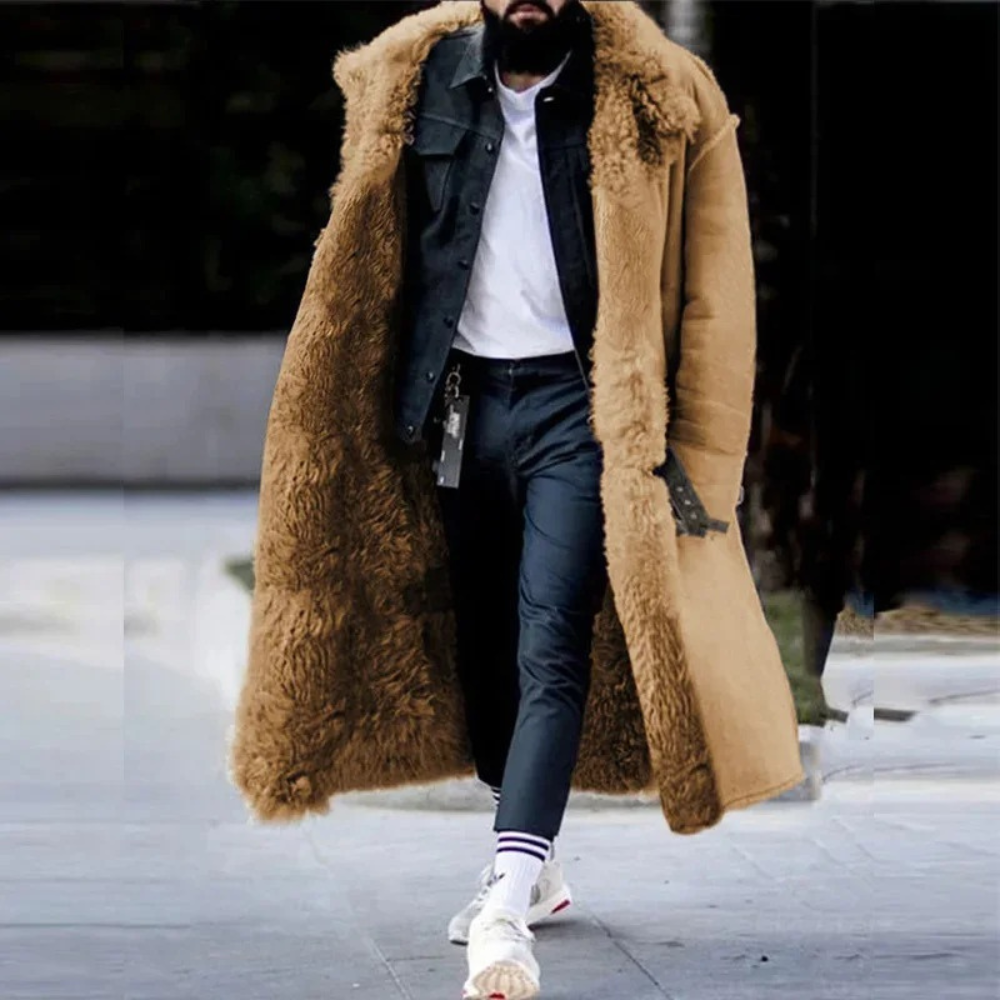 Men's Oversized Long Coat – Wool Blend – Hooded – Plush Lining – Toggle Closure Brown