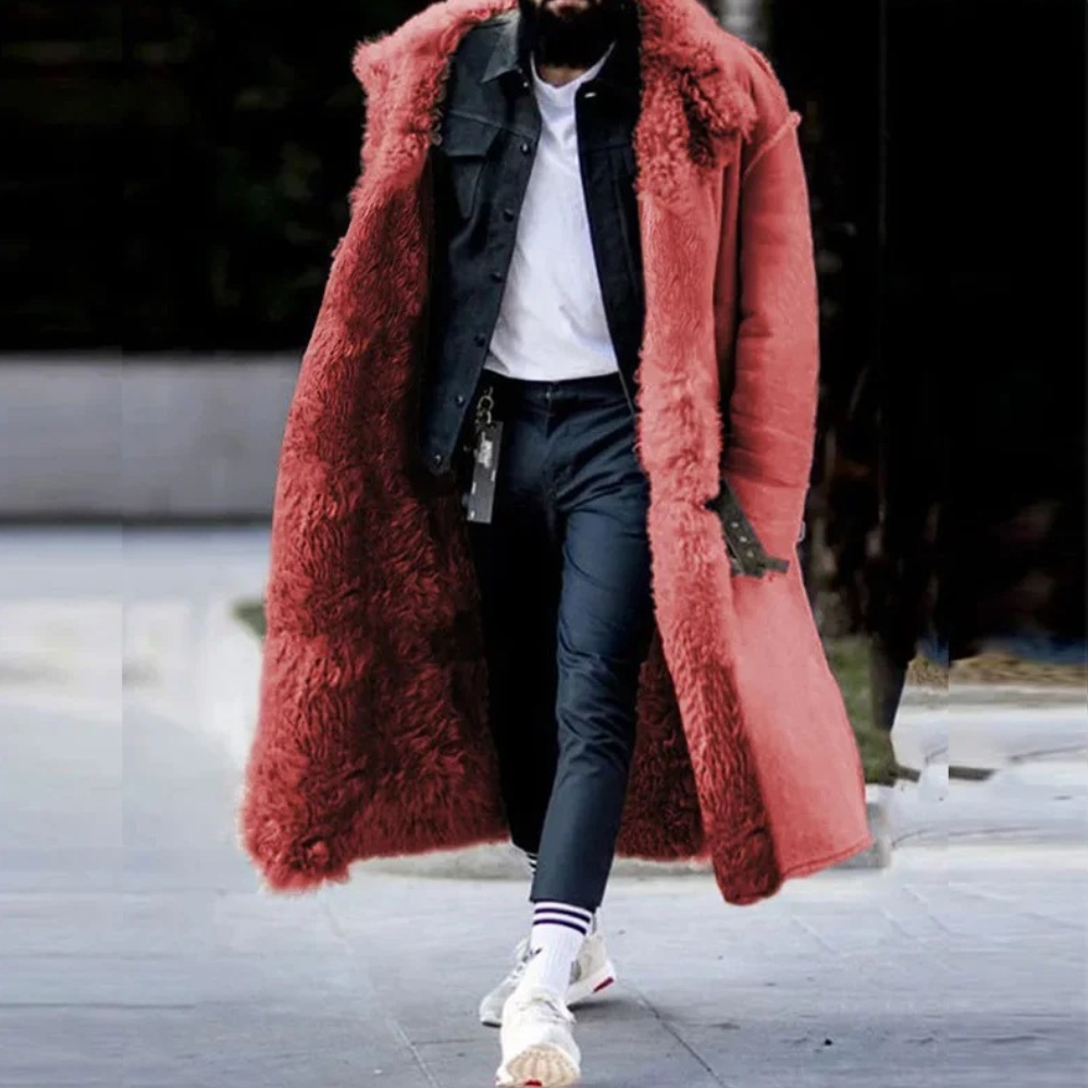 Men's Oversized Long Coat – Wool Blend – Hooded – Plush Lining – Toggle Closure Red