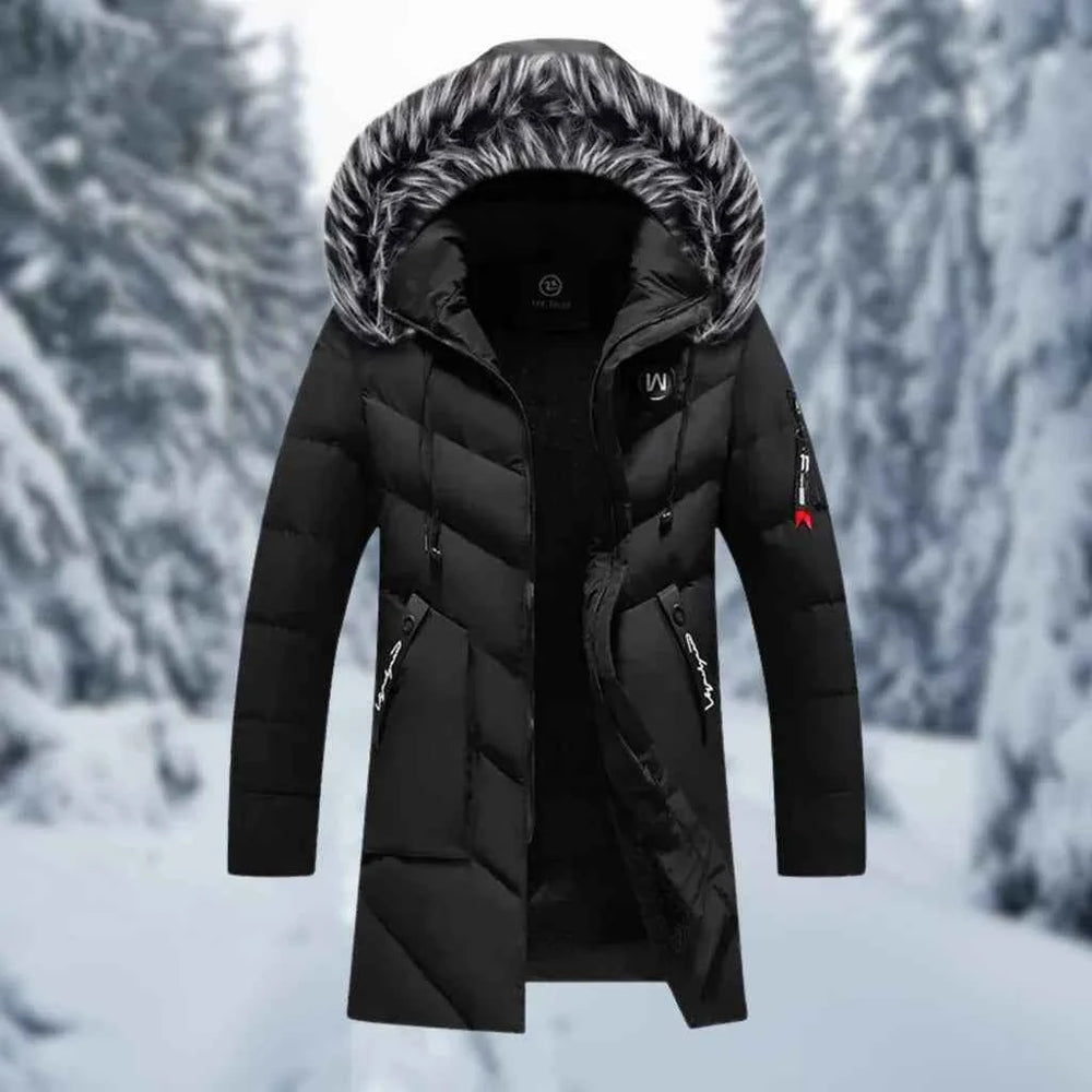 Men's Oversized Padded Jacket – Mid-Length with Detachable Faux Fur Hood – Ribbed Trims Black