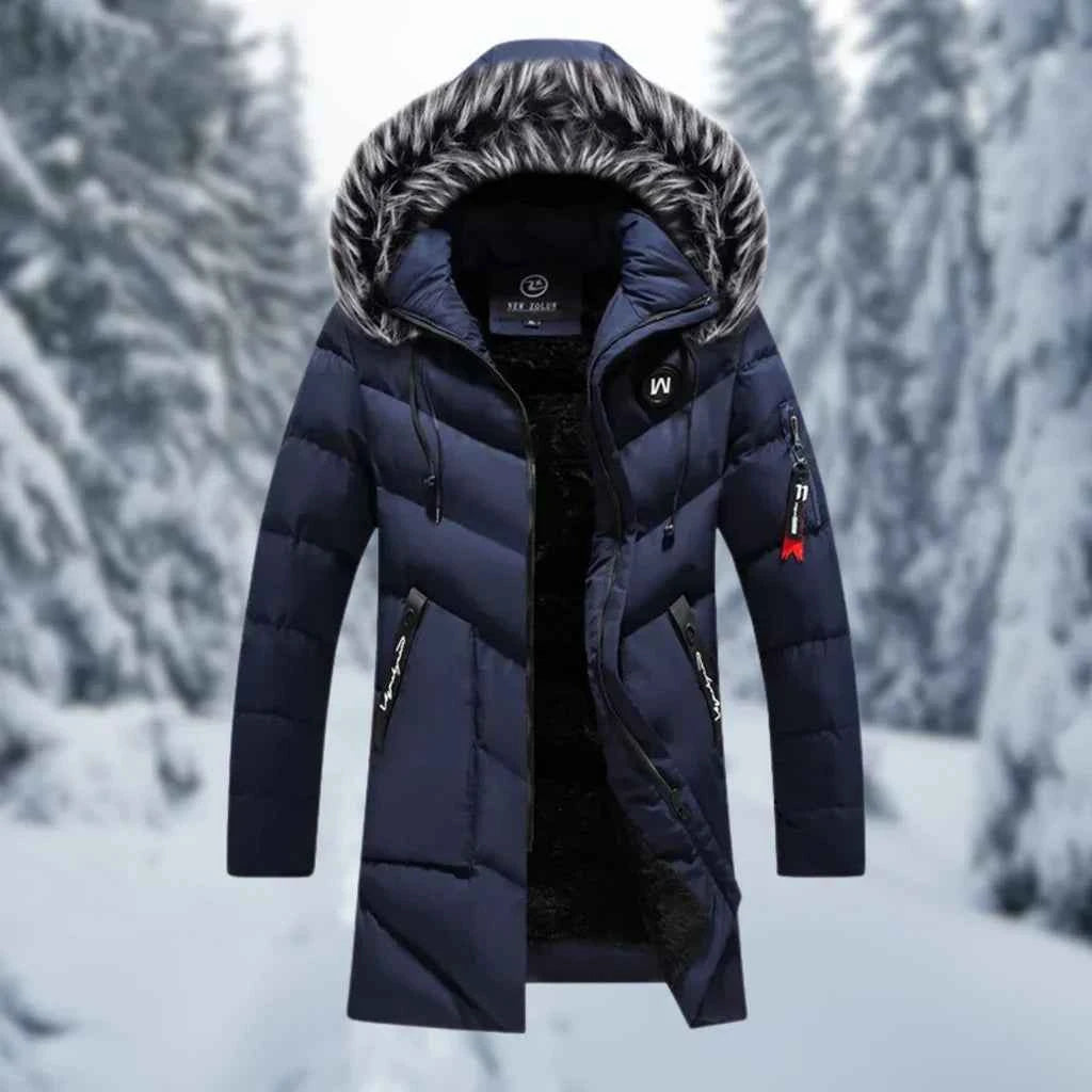 Men's Oversized Padded Jacket – Mid-Length with Detachable Faux Fur Hood – Ribbed Trims Blue