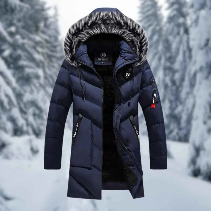 Men's Oversized Padded Jacket – Mid-Length with Detachable Faux Fur Hood – Ribbed Trims Blue
