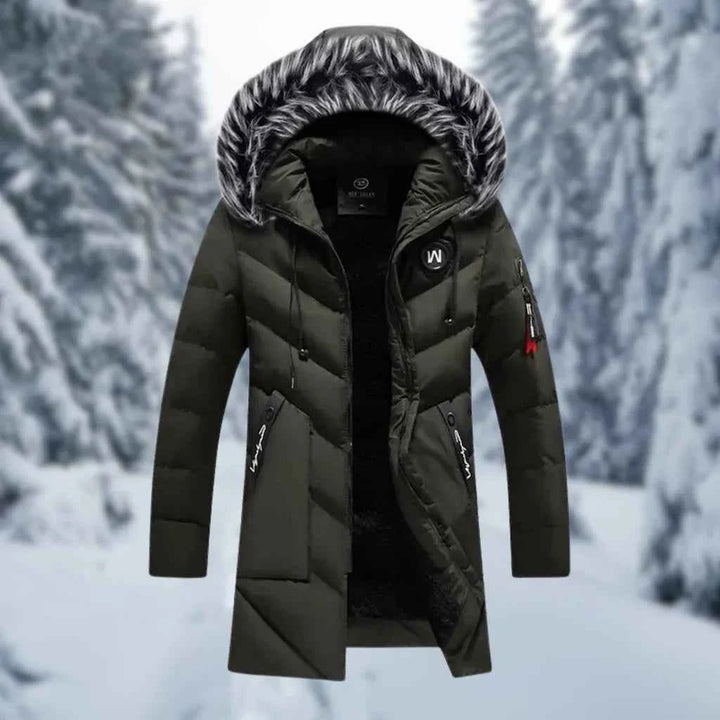 Men's Oversized Padded Jacket – Mid-Length with Detachable Faux Fur Hood – Ribbed Trims Green