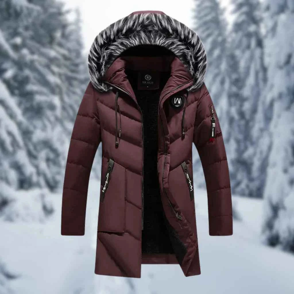 Men's Oversized Padded Jacket – Mid-Length with Detachable Faux Fur Hood – Ribbed Trims Red