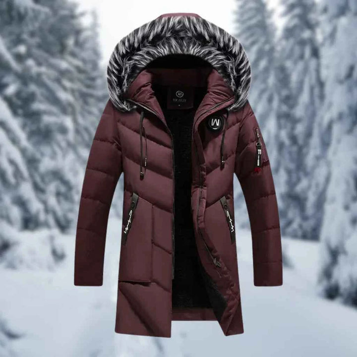 Men's Oversized Padded Jacket – Mid-Length with Detachable Faux Fur Hood – Ribbed Trims Red