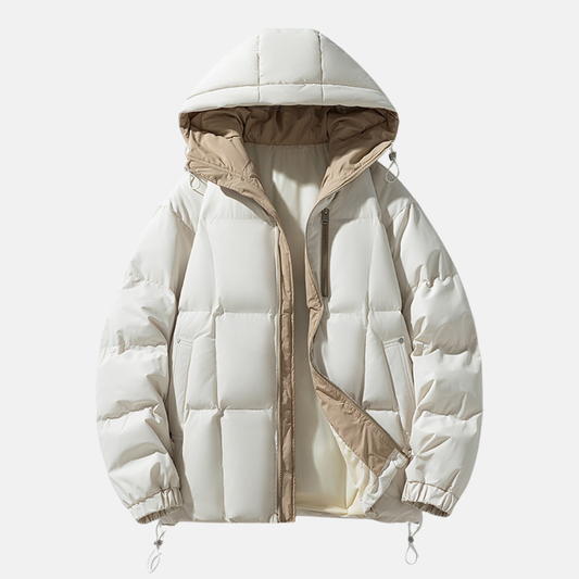 Men's Black Oversized Padded Drawstring Hood Puffer Jacket Beige