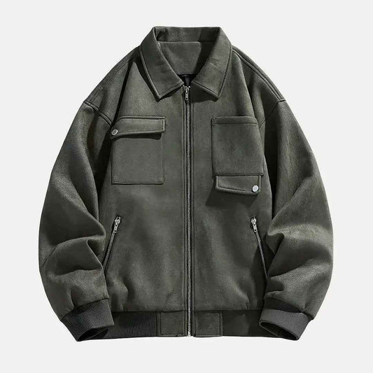 Men's Suede Oversized Relaxed Fit Open Front Solid Army Green Jacket Army Green