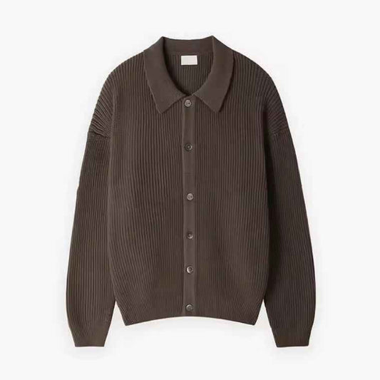 Men's Oversized Wool-Blend Cardigan with Buttons and Ribbed Design Coffee