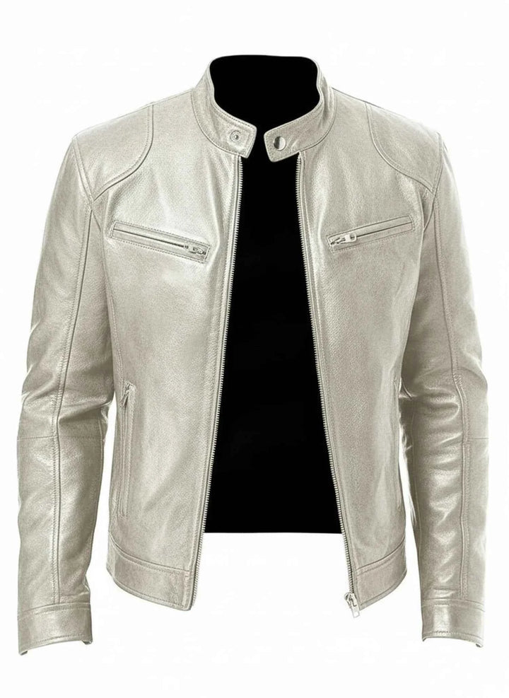 Men's PU Leather Racer Style Jacket White