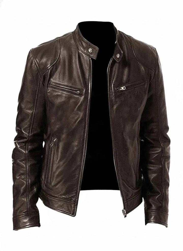 Men's PU Leather Racer Style Jacket Brown