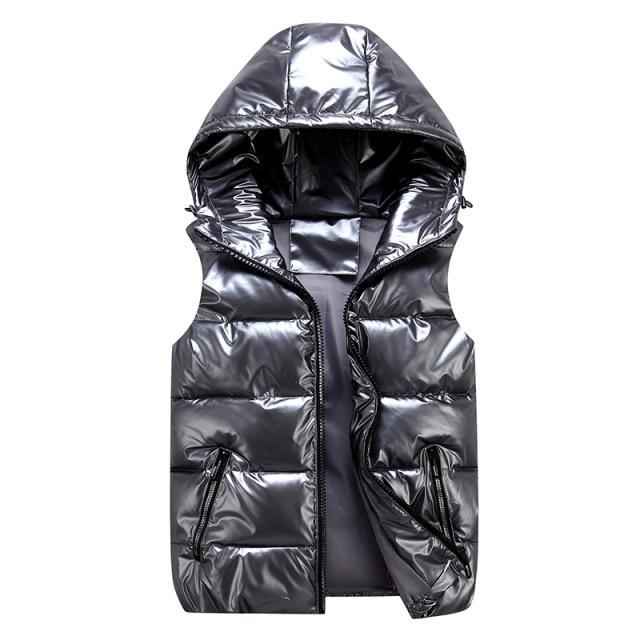 Men's Padded Bodywarmer – Relaxed Fit – Shiny Insulation – Windproof Hood Dark Grey
