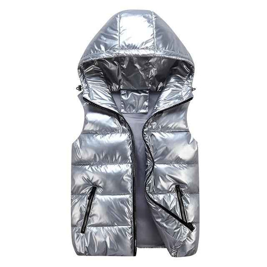 Men's Padded Bodywarmer – Relaxed Fit – Shiny Insulation – Windproof Hood Light Grey
