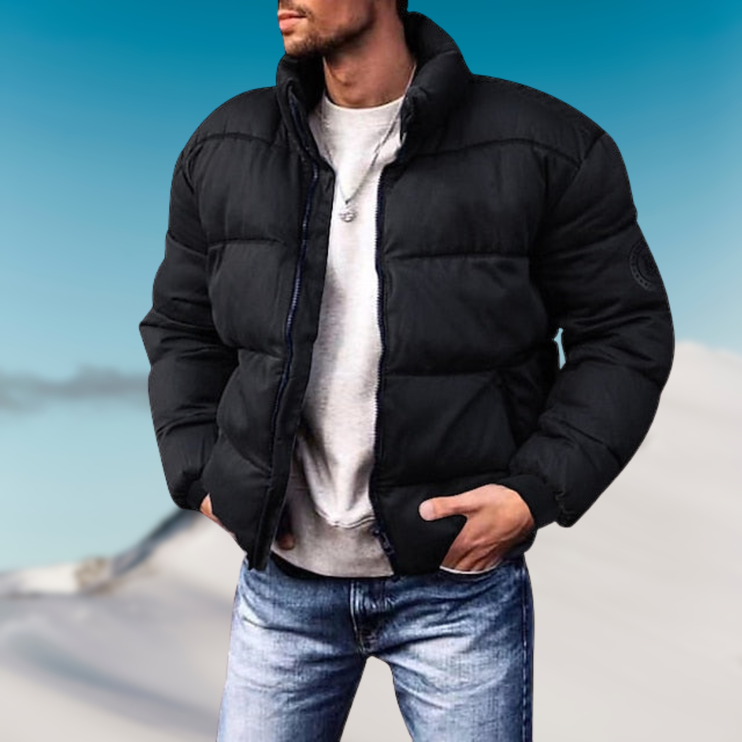 Men's Padded Down Jacket – Regular Fit – High Collar – Ribbed Cuffs – Casual Style Black