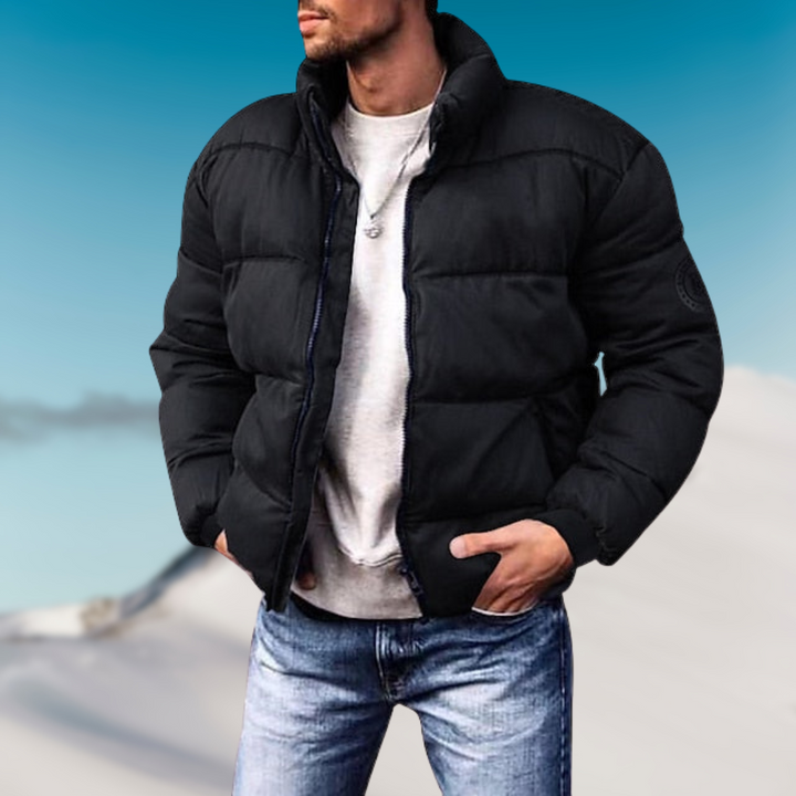Men's Padded Down Jacket – Regular Fit – High Collar – Ribbed Cuffs – Casual Style Black