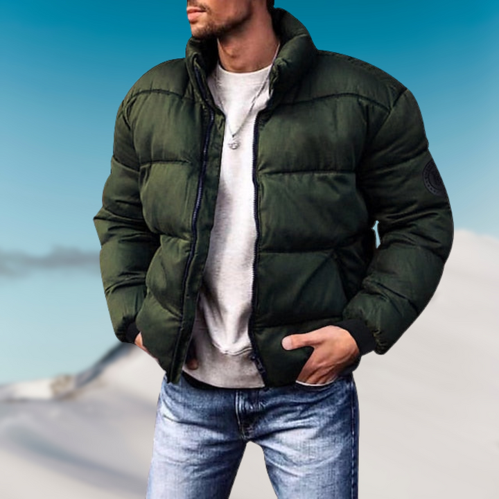 Men's Padded Down Jacket – Regular Fit – High Collar – Ribbed Cuffs – Casual Style Green