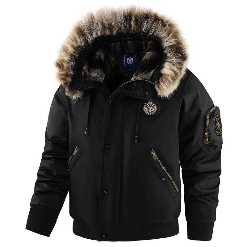 Men's Padded Hooded Bomber Jacket | Fur Trimmed Relaxed Fit Black