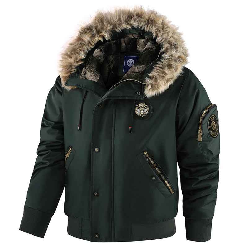 Men's Padded Hooded Bomber Jacket | Fur Trimmed Relaxed Fit Green