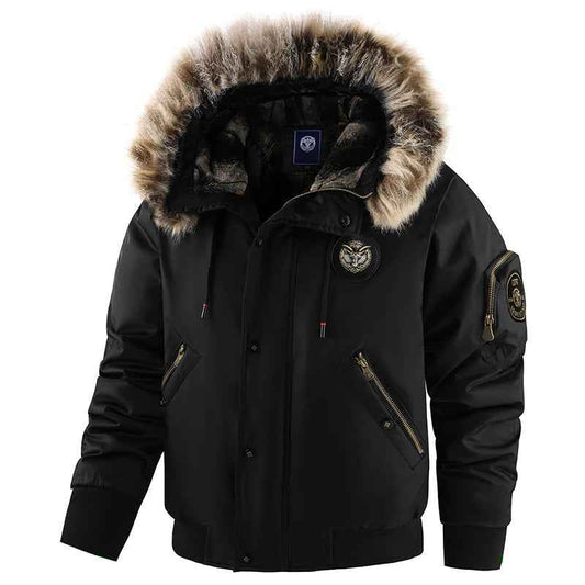 Men's Padded Hooded Bomber Jacket | Fur Trimmed Relaxed Fit Outerwear Black