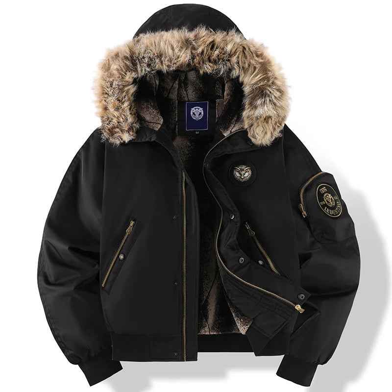 Men's Padded Hooded Bomber Jacket | Fur Trimmed Relaxed Fit Outerwear