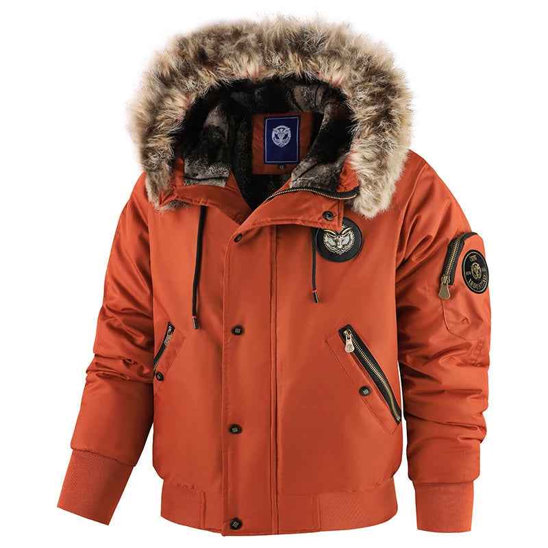 Men's Padded Hooded Bomber Jacket | Fur Trimmed Relaxed Fit Outerwear Orange