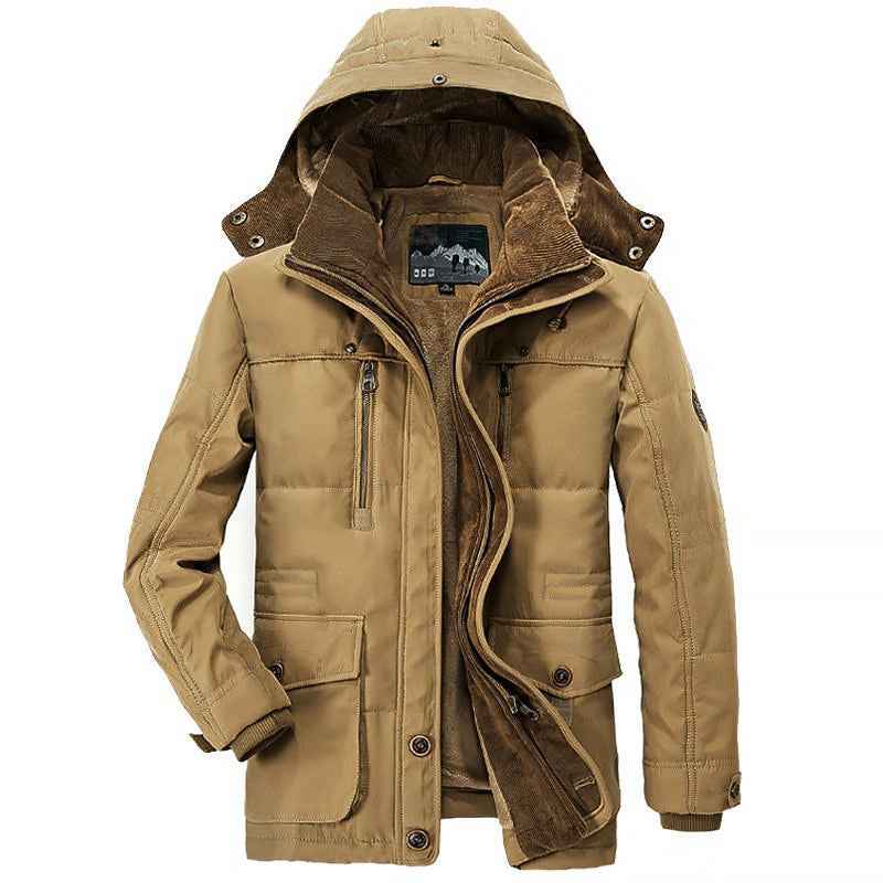 Men's Padded Hooded Winter Jacket with Multiple Pockets Khaki
