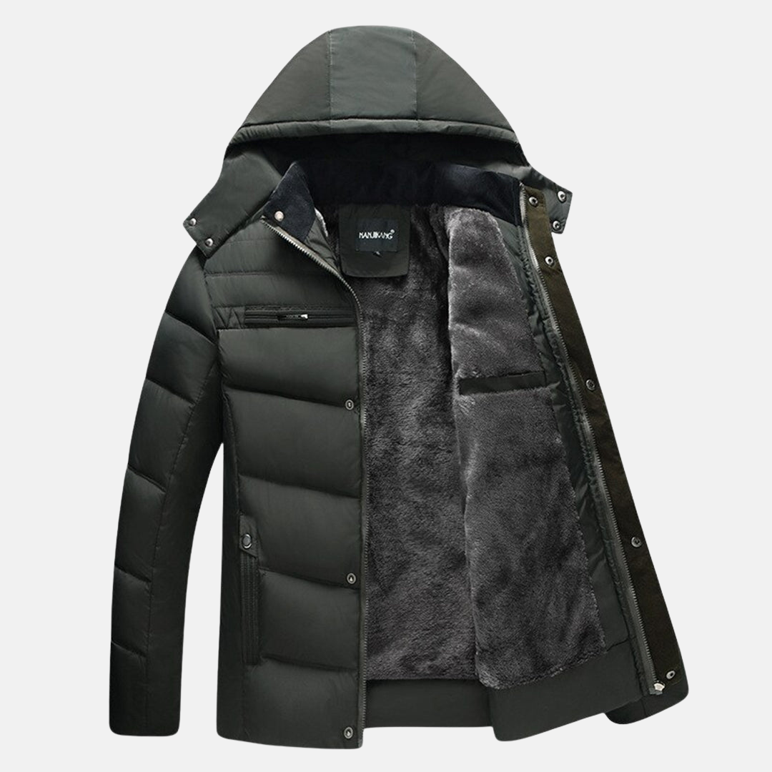 Men's Padded Jacket with Faux Fur Lining, Hood, Zip & Snap Closure Green