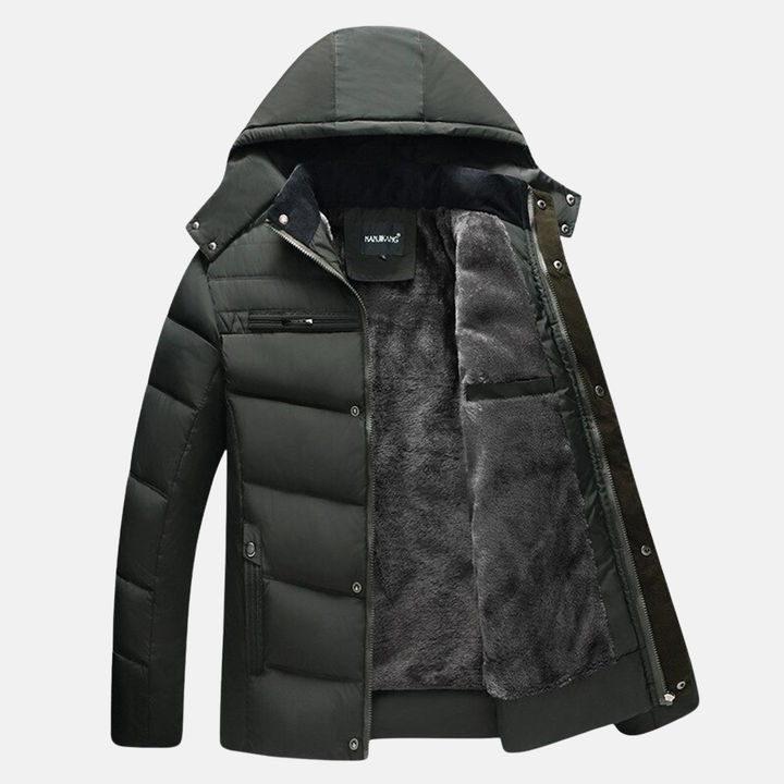 Men's Padded Jacket with Faux Fur Lining, Hood, Zip & Snap Closure Green