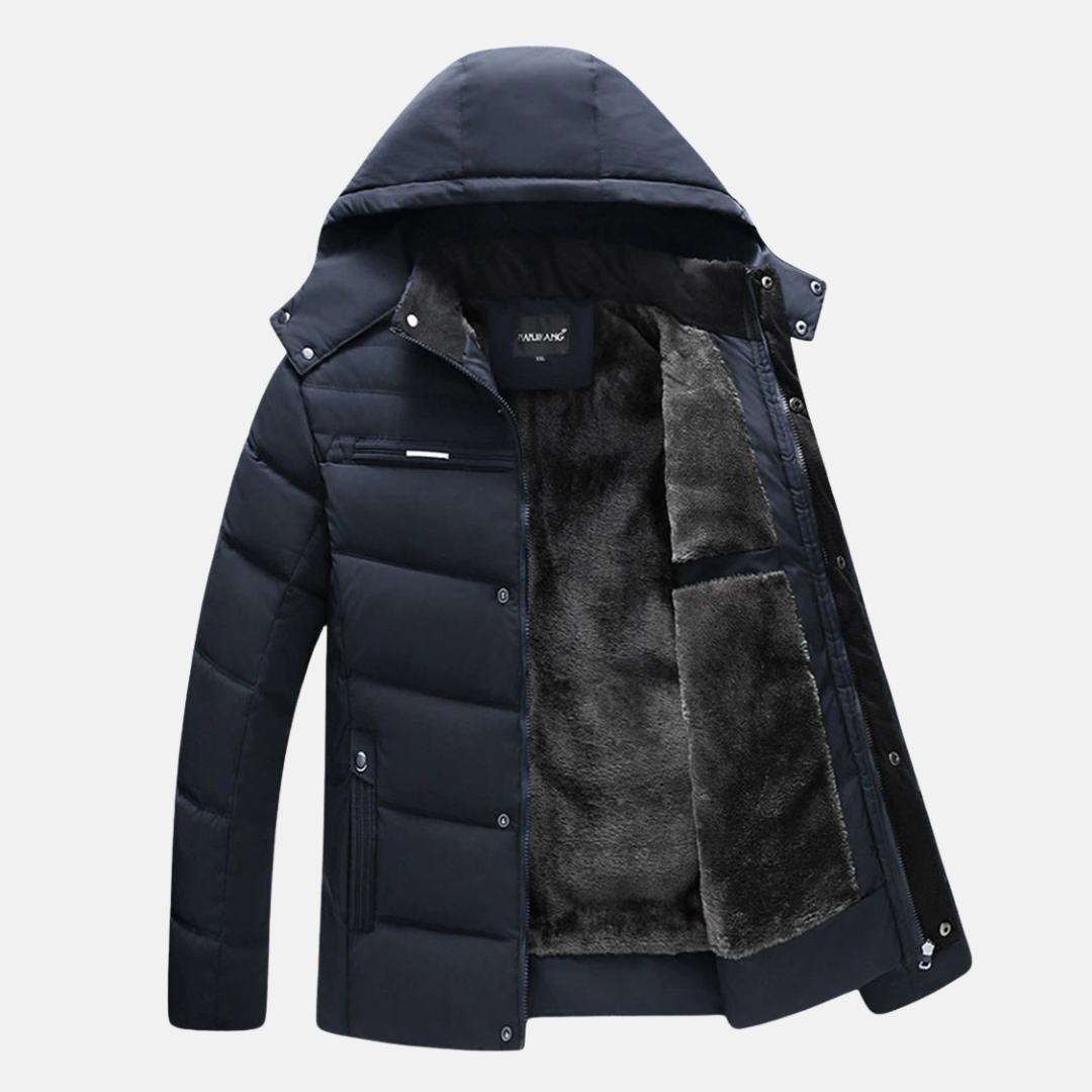Men's Padded Jacket with Faux Fur Lining, Hood, Zip & Snap Closure Blue