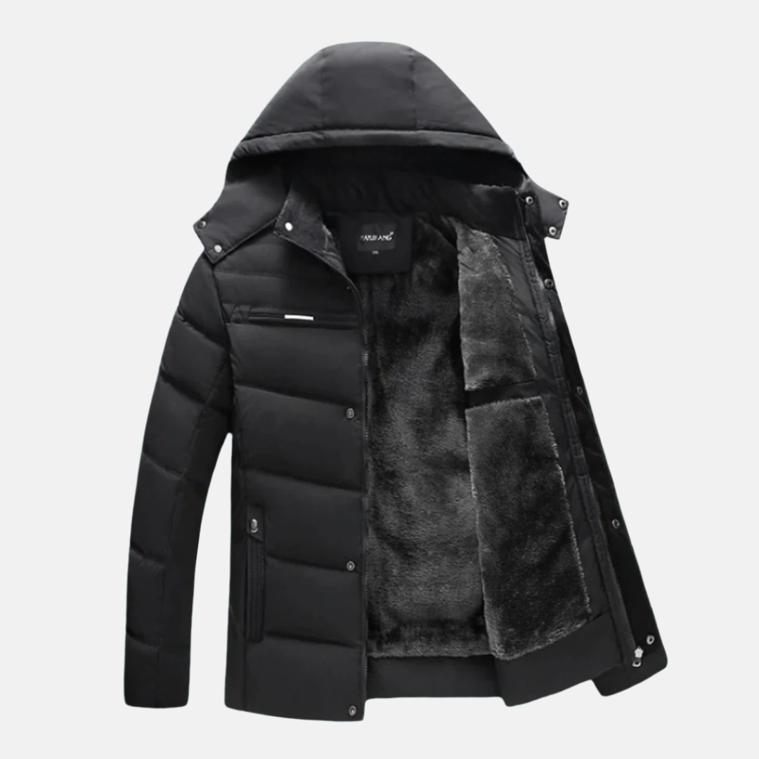 Men's Padded Jacket with Faux Fur Lining, Hood, Zip & Snap Closure Black